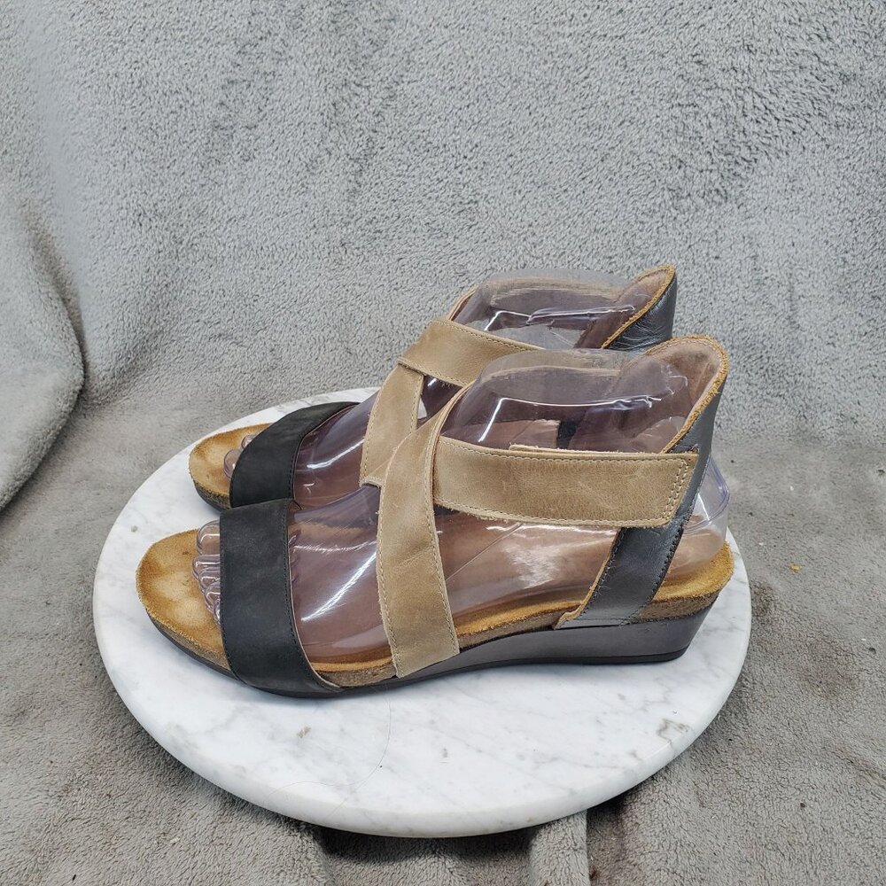 Naot Shoes Womens Size 7 Vixen Black Beige Leather Backstrap Wedge Sandals